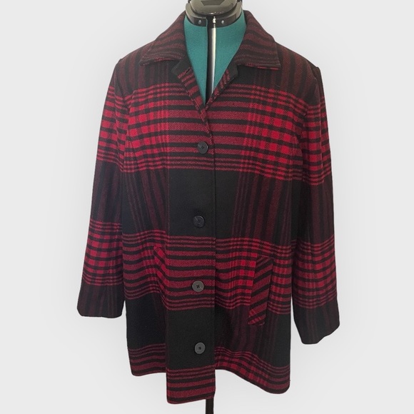 J. Jill Buffalo Plaid Black & Red Pea Coat Women’s Large - Picture 4 of 11